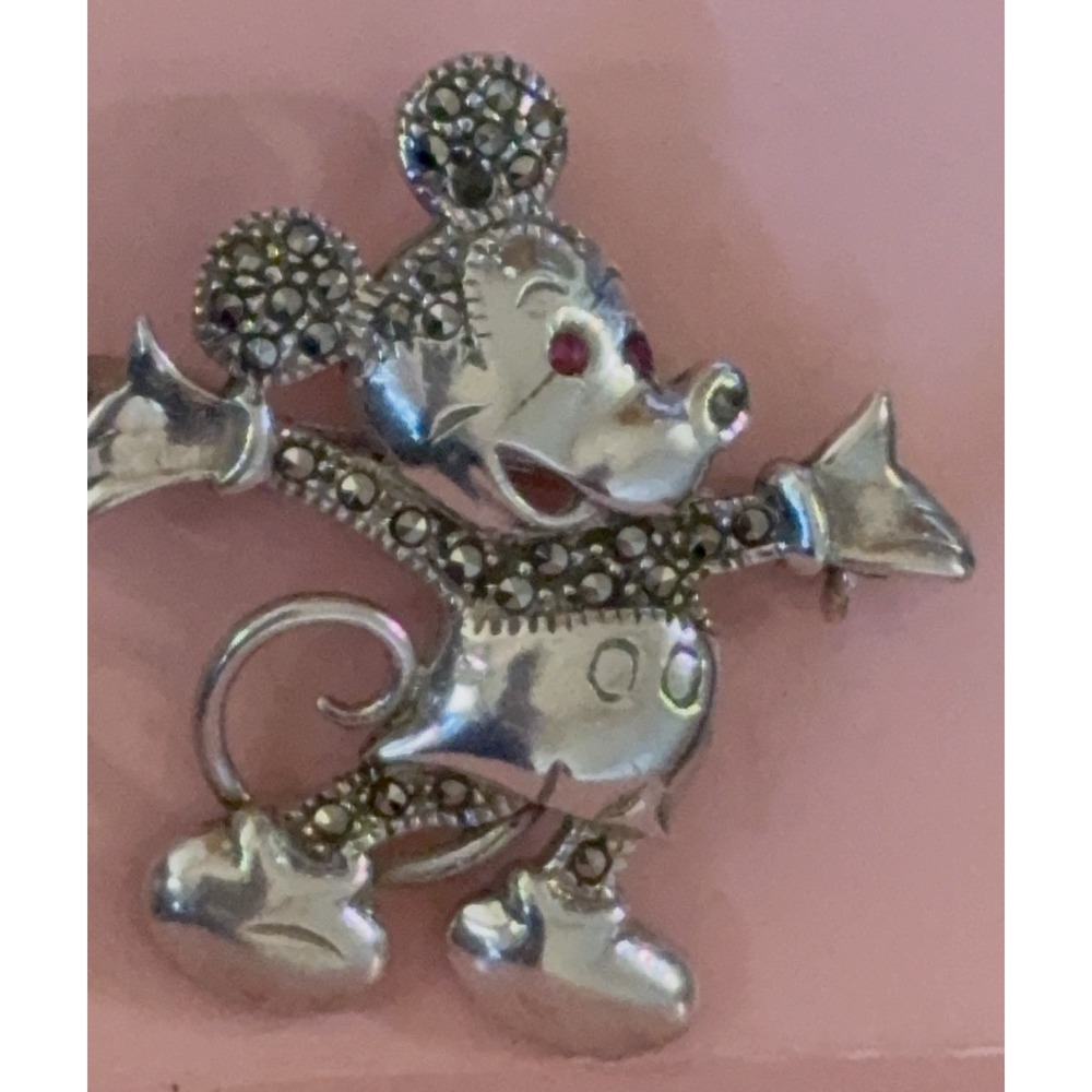 Vintage Mickey Mouse Brooch – Sterling Silver Marcasite & Pink Stone Eyes